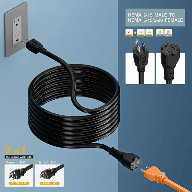 Alt view image 14 of 14 - 15-Foot 15 Amp Household AC Plug to 20 Amp T Blade Adapter Cable14AWG 15-Foot 15 Amp to 20 Amp Plug Adapter Cord Nema 5-15P to 5-15R/5-20R 20Amp Comb AC Power Cord, Black