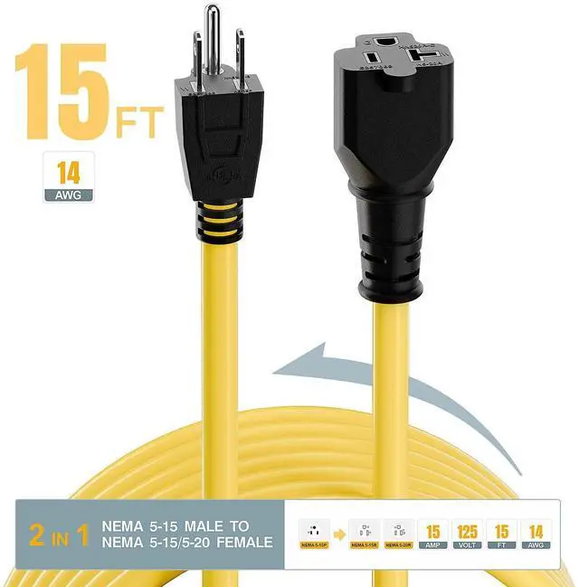 Alt view image 9 of 14 - 15-Foot 15 Amp Household AC Plug to 20 Amp T Blade Adapter Cable14AWG 15-Foot 15 Amp to 20 Amp Plug Adapter Cord Nema 5-15P to 5-15R/5-20R 20Amp Comb AC Power Cord, Yellow