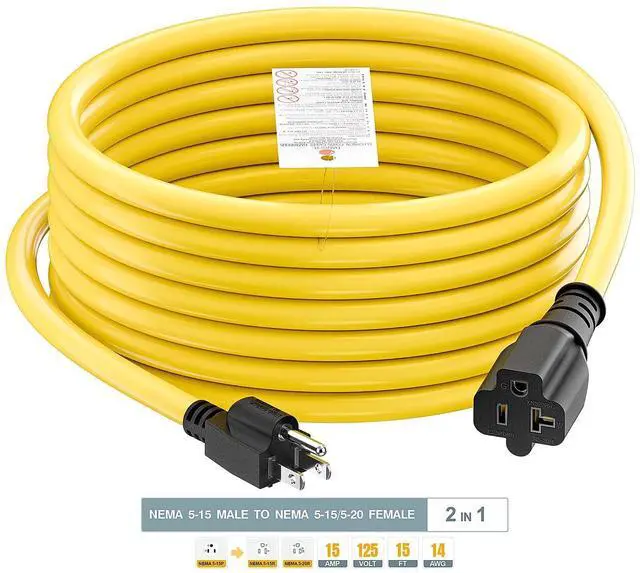 Alt view image 11 of 14 - 15-Foot 15 Amp Household AC Plug to 20 Amp T Blade Adapter Cable14AWG 15-Foot 15 Amp to 20 Amp Plug Adapter Cord Nema 5-15P to 5-15R/5-20R 20Amp Comb AC Power Cord, Yellow