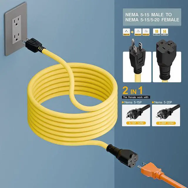 Alt view image 14 of 14 - 15-Foot 15 Amp Household AC Plug to 20 Amp T Blade Adapter Cable14AWG 15-Foot 15 Amp to 20 Amp Plug Adapter Cord Nema 5-15P to 5-15R/5-20R 20Amp Comb AC Power Cord, Yellow