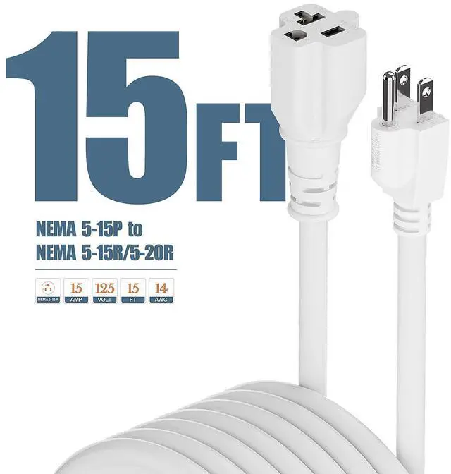 Alt view image 9 of 14 - 15-Foot 15 Amp Household AC Plug to 20 Amp T Blade Adapter Cable14AWG 15-Foot 15 Amp to 20 Amp Plug Adapter Cord Nema 5-15P to 5-15R/5-20R 20Amp Comb AC Power Cord, White