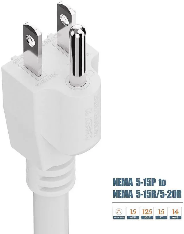 Alt view image 10 of 14 - 15-Foot 15 Amp Household AC Plug to 20 Amp T Blade Adapter Cable14AWG 15-Foot 15 Amp to 20 Amp Plug Adapter Cord Nema 5-15P to 5-15R/5-20R 20Amp Comb AC Power Cord, White