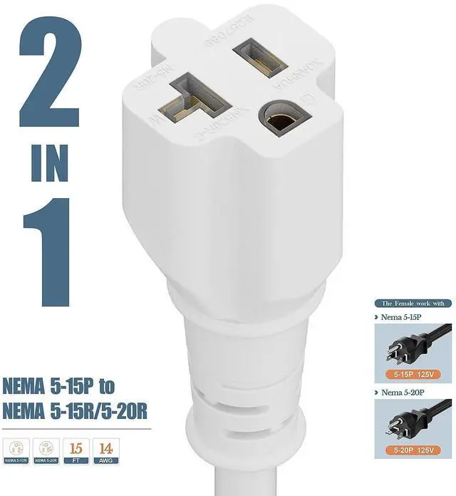 Alt view image 11 of 14 - 15-Foot 15 Amp Household AC Plug to 20 Amp T Blade Adapter Cable14AWG 15-Foot 15 Amp to 20 Amp Plug Adapter Cord Nema 5-15P to 5-15R/5-20R 20Amp Comb AC Power Cord, White