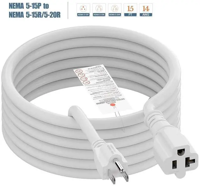 Alt view image 12 of 14 - 15-Foot 15 Amp Household AC Plug to 20 Amp T Blade Adapter Cable14AWG 15-Foot 15 Amp to 20 Amp Plug Adapter Cord Nema 5-15P to 5-15R/5-20R 20Amp Comb AC Power Cord, White