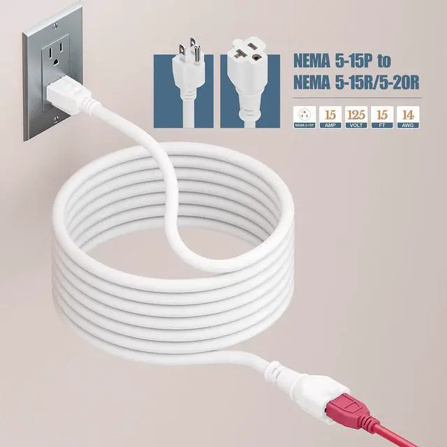 Alt view image 13 of 14 - 15-Foot 15 Amp Household AC Plug to 20 Amp T Blade Adapter Cable14AWG 15-Foot 15 Amp to 20 Amp Plug Adapter Cord Nema 5-15P to 5-15R/5-20R 20Amp Comb AC Power Cord, White