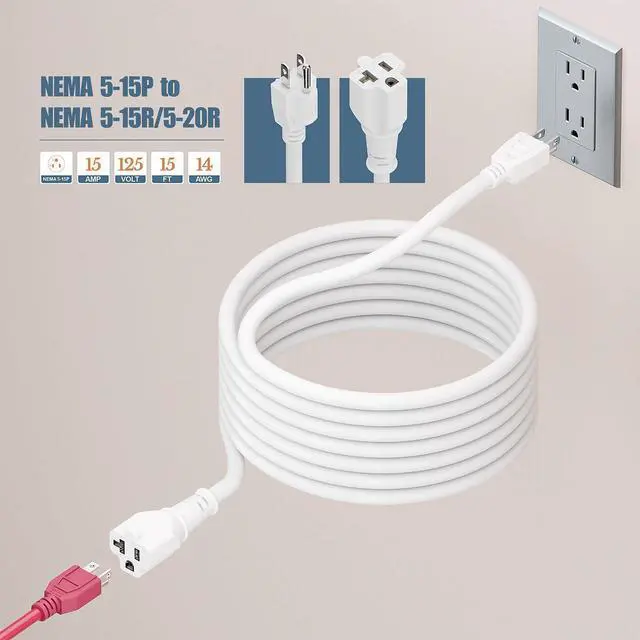 Alt view image 14 of 14 - 15-Foot 15 Amp Household AC Plug to 20 Amp T Blade Adapter Cable14AWG 15-Foot 15 Amp to 20 Amp Plug Adapter Cord Nema 5-15P to 5-15R/5-20R 20Amp Comb AC Power Cord, White