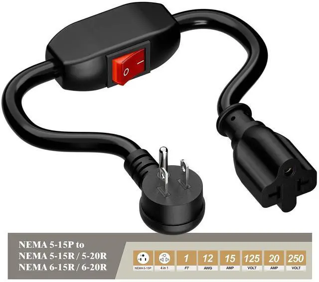 Alt view image 10 of 14 - 4-in-1 Heavy Duty On/Off Switch Extension Cord 12-AWG 15A Household Plug to 20A T Blade Adapter Cable with Heavy Duty 23A 125V Inline Switch, 1FT,AC0035