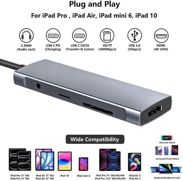 Alt view image 9 of 14 - USB C HUB for iPad Pro 9-in-1 Adapter iPad Pro M4 M2 M1 13 12.9 11 inch iPad Air 5 4 Docking Station with 4K HDMI, USB-C PD, SD/TF Card Reader, USB 3.0, 3.5mm Headphone Jack, Type C Data, iPad mini 6