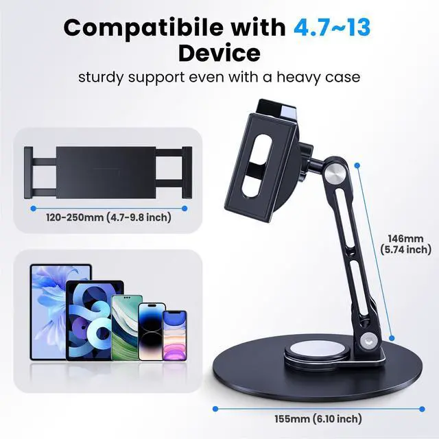 Alt view image 13 of 14 - Tablet Stand Holder for iPad, Adjustable with 360 Rotating Base for Desk, Aluminum Swivel Tablet Stand Compatible with iPad Air, Mini, 10.2,9.7, Pro 11/13 and More