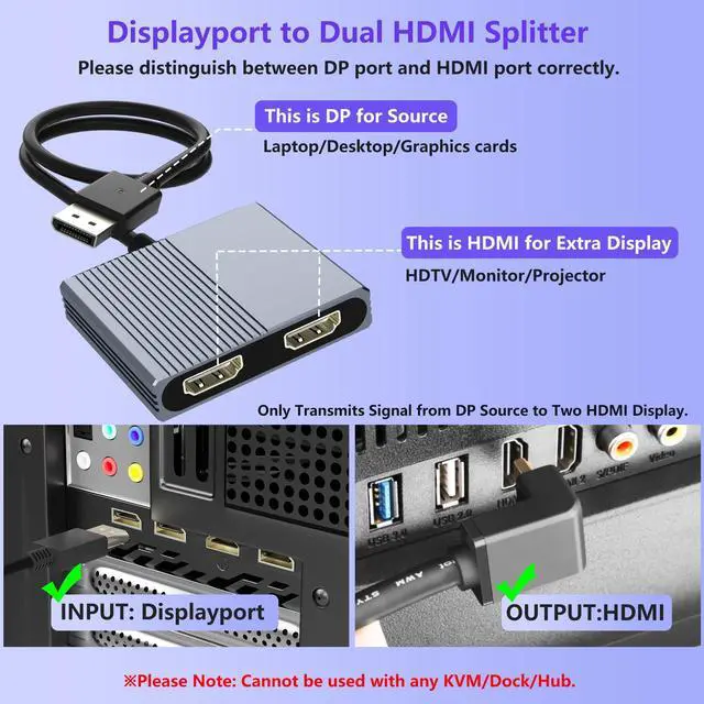 Alt view image 9 of 14 - DisplayPort to Dual HDMI Adapter, 4K@60Hz DP to HDMI Splitter Extended Display, Double hdmi Adapter for 2 Monitors, hdmi Dual Monitor Adapter, DisplayPort MST Hub for Desktop Laptop Graphic Card