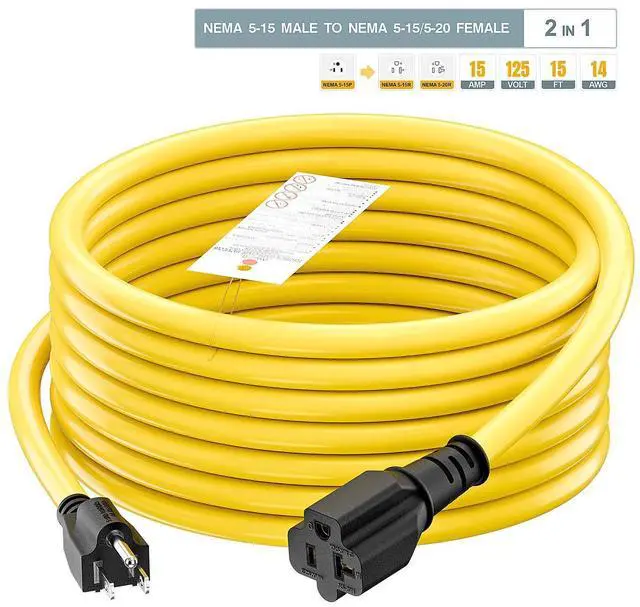 Alt view image 13 of 14 - 15-Foot 15 Amp Household AC Plug to 20 Amp T Blade Adapter Cable14AWG 15-Foot 15 Amp to 20 Amp Plug Adapter Cord Nema 5-15P to 5-15R/5-20R 20Amp Comb AC Power Cord, Yellow