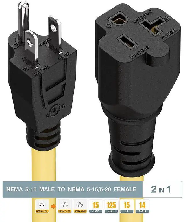 Alt view image 10 of 14 - 15-Foot 15 Amp Household AC Plug to 20 Amp T Blade Adapter Cable14AWG 15-Foot 15 Amp to 20 Amp Plug Adapter Cord Nema 5-15P to 5-15R/5-20R 20Amp Comb AC Power Cord, Yellow