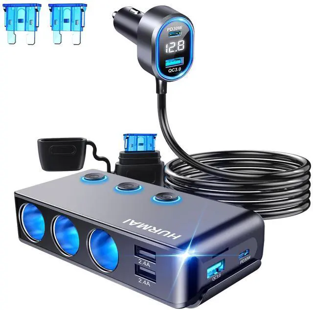 Alt view image 8 of 14 - 9 in 1 Cigarette Lighter Splitter,264W 3 Socket Car Cigarette Lighter Adapter,Type-C QC3.0 PD 30W Charging,Heavy Duty Truck Car USB Chager Multi Plug Outlet 12V/24V Independent Switches,LED Voltmeter
