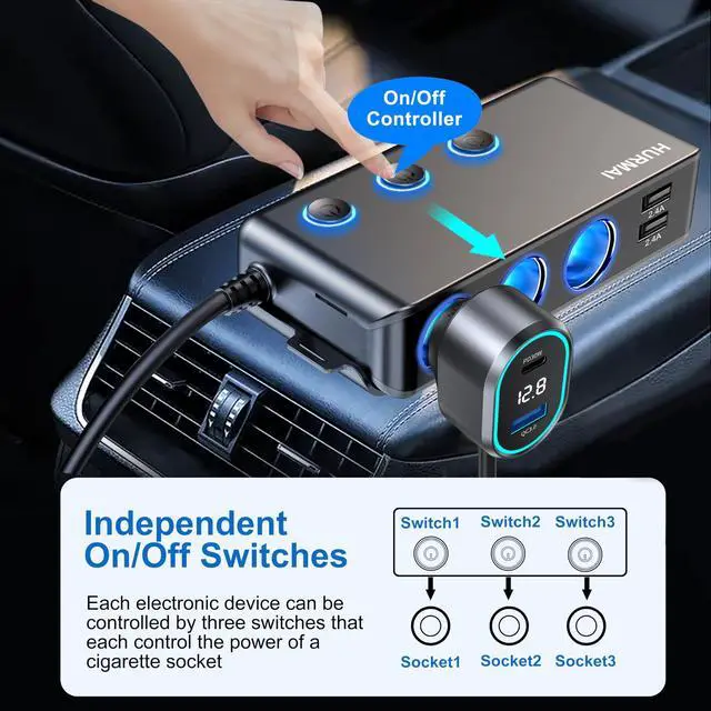 Alt view image 10 of 14 - 9 in 1 Cigarette Lighter Splitter,264W 3 Socket Car Cigarette Lighter Adapter,Type-C QC3.0 PD 30W Charging,Heavy Duty Truck Car USB Chager Multi Plug Outlet 12V/24V Independent Switches,LED Voltmeter