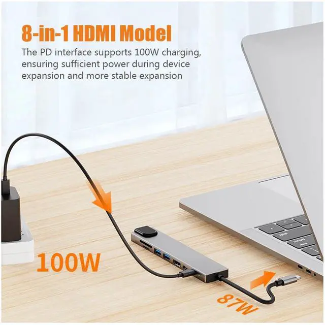 Alt view image 14 of 14 - USB C Laptop Docking Station 8 in 1 USB C Hub Adapter with 4K HDMI,Ethernet,2 USB,Type-C,SD TF Card Reader,PD 100W Compatible with iPhone16/MacBook/Dell and Other Type C Laptops Device