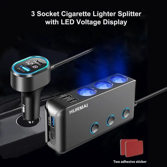 Alt view image 13 of 14 - 9 in 1 Cigarette Lighter Splitter,264W 3 Socket Car Cigarette Lighter Adapter,Type-C QC3.0 PD 30W Charging,Heavy Duty Truck Car USB Chager Multi Plug Outlet 12V/24V Independent Switches,LED Voltmeter