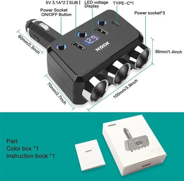 Alt view image 12 of 14 - Cigarette Lighter Splitter, 12V/24V Vehicles Adapter Charger with QC 3.0A Dual USB and PD Type-C, Cigarette Lighter Adapter with LED Voltage Display and Independent Switch