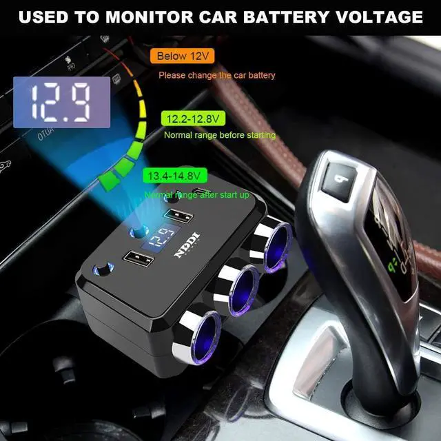 Alt view image 14 of 14 - Cigarette Lighter Splitter, 12V/24V Vehicles Adapter Charger with QC 3.0A Dual USB and PD Type-C, Cigarette Lighter Adapter with LED Voltage Display and Independent Switch