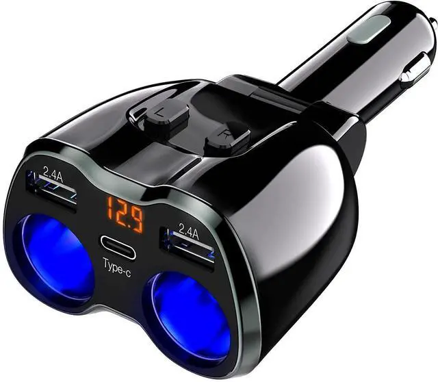 Alt view image 8 of 14 - USB C Car Charger, 2 Sockets Cigarette Lighter Splitter 12/24V 80W Dual USB Type-C Ports Separate Switch LED Voltage Display Built-in Replaceable 10A Fuse Compatible Mobile Phone GPS Dash Cam