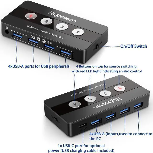 Alt view image 9 of 14 - USB 3.0 Switch Selector, 4 Port KVM Switch USB Peripheral Switcher Box, 4 Computers Sharing 4 USB Devices, Button Switch & Remote Control