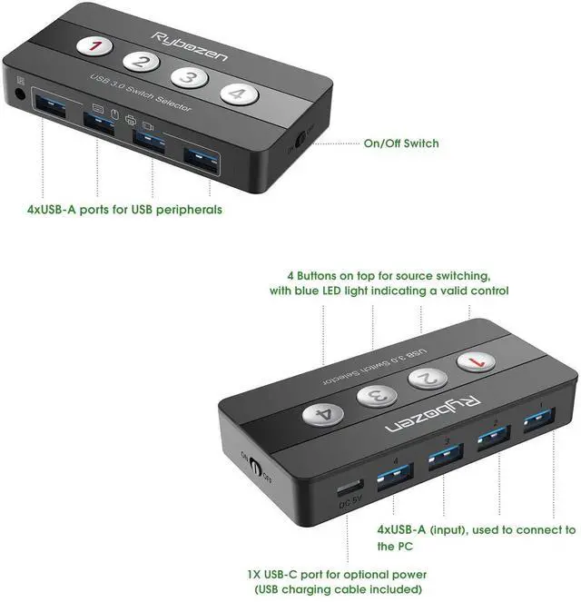 Alt view image 13 of 14 - USB 3.0 Switch Selector, 4 Port KVM Switch USB Peripheral Switcher Box, 4 Computers Sharing 4 USB Devices, Button Switch & Remote Control