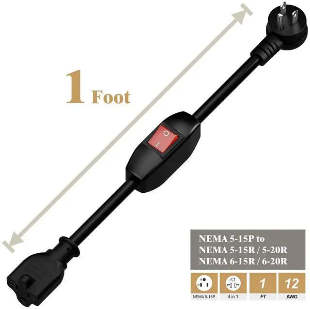 Alt view image 9 of 14 - 4-in-1 Heavy Duty On/Off Switch Extension Cord 12-AWG 15A Household Plug to 20A T Blade Adapter Cable with Heavy Duty 23A 125V Inline Switch, 1FT,AC0035