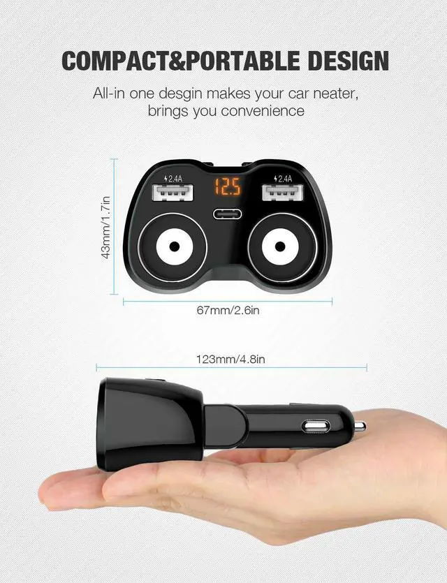 Alt view image 12 of 14 - USB C Car Charger, 2 Sockets Cigarette Lighter Splitter 12/24V 80W Dual USB Type-C Ports Separate Switch LED Voltage Display Built-in Replaceable 10A Fuse Compatible Mobile Phone GPS Dash Cam