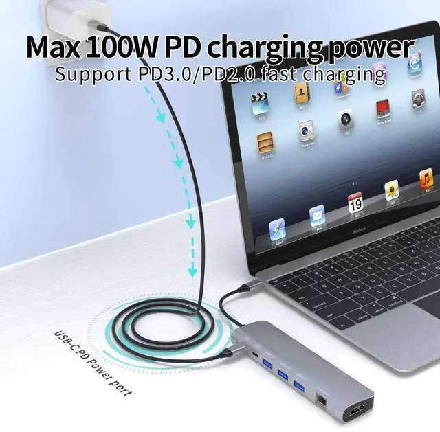 Alt view image 10 of 12 - USB C Hub Multiport Adapter, 9 in 1 Docking Station Laptop with HDMI, Ethernet, 100W PD, 3 USB 3.0 Ports, USB-C Data Port, SD/TF Card Reader, Compatible with MacBook Pro/Air/Dell XPS/Lenovo