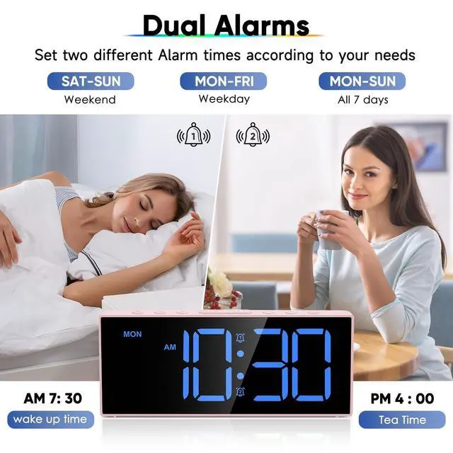 Alt view image 9 of 14 - Digital Alarm Clocks,Large Big Numbers Cute clocks for Bedrooms,college dormitories,Teens,Modern Décor Plug in Clock with USB Charger Port Adjustable 3-Levels volume,5 Dimmers,Battery Backup (Pink)