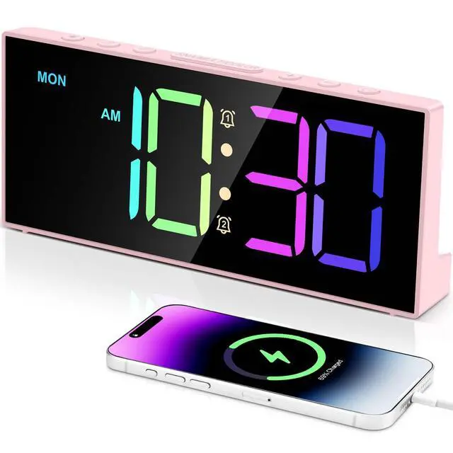 Alt view image 8 of 14 - Digital Alarm Clocks,Large Big Numbers Cute clocks for Bedrooms,college dormitories,Teens,Modern Décor Plug in Clock with USB Charger Port Adjustable 3-Levels volume,5 Dimmers,Battery Backup (Pink)
