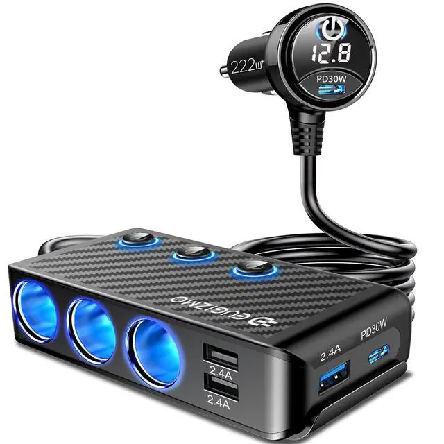Alt view image 8 of 14 - Cigarette Lighter Plug Splitter Adapter, 222W Multi Port Power Plug Car Charger Adapter for Plug Outlet 12V 3 Socket Splitter Car Cigarette Lighter USB Charger with LED Independent Switches