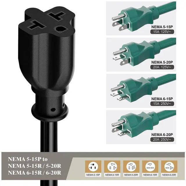 Alt view image 14 of 14 - 4-in-1 Heavy Duty On/Off Switch Extension Cord 12-AWG 15A Household Plug to 20A T Blade Adapter Cable with Heavy Duty 23A 125V Inline Switch, 1FT,AC0035