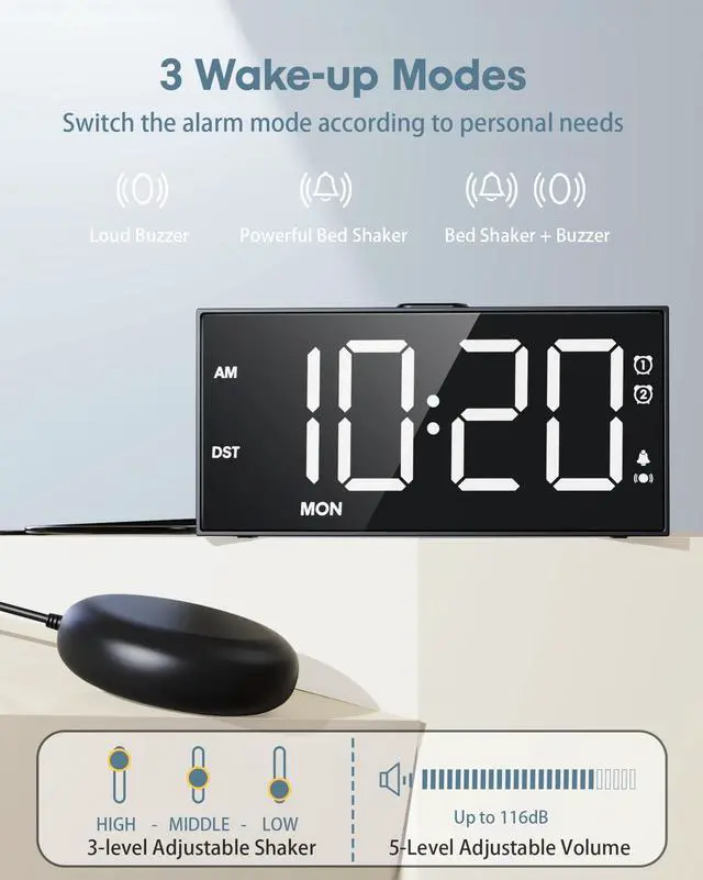 Alt view image 9 of 14 - Alarm Clock with Bed Shaker for Heavy Sleepers, 3-Level Vibration, Dual Alarms with Weekday & Weekend Mode, Large Digits, Dimmer, Snooze, USB Charger, Battery Backup