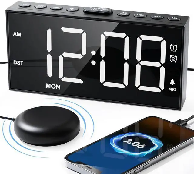Alt view image 8 of 14 - Alarm Clock with Bed Shaker for Heavy Sleepers, 3-Level Vibration, Dual Alarms with Weekday & Weekend Mode, Large Digits, Dimmer, Snooze, USB Charger, Battery Backup