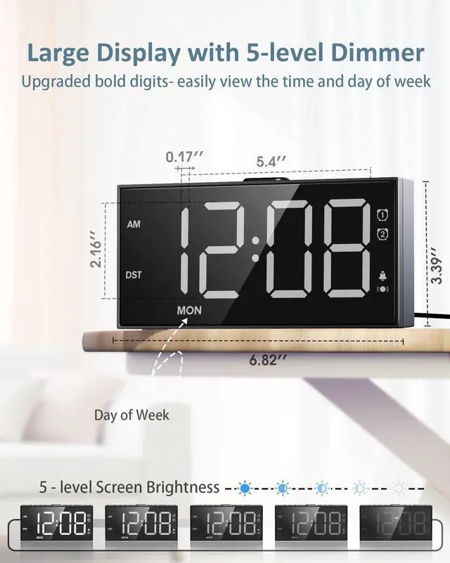 Alt view image 10 of 14 - Alarm Clock with Bed Shaker for Heavy Sleepers, 3-Level Vibration, Dual Alarms with Weekday & Weekend Mode, Large Digits, Dimmer, Snooze, USB Charger, Battery Backup