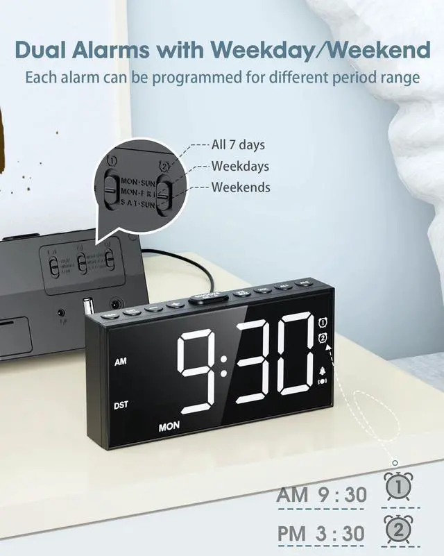 Alt view image 11 of 14 - Alarm Clock with Bed Shaker for Heavy Sleepers, 3-Level Vibration, Dual Alarms with Weekday & Weekend Mode, Large Digits, Dimmer, Snooze, USB Charger, Battery Backup