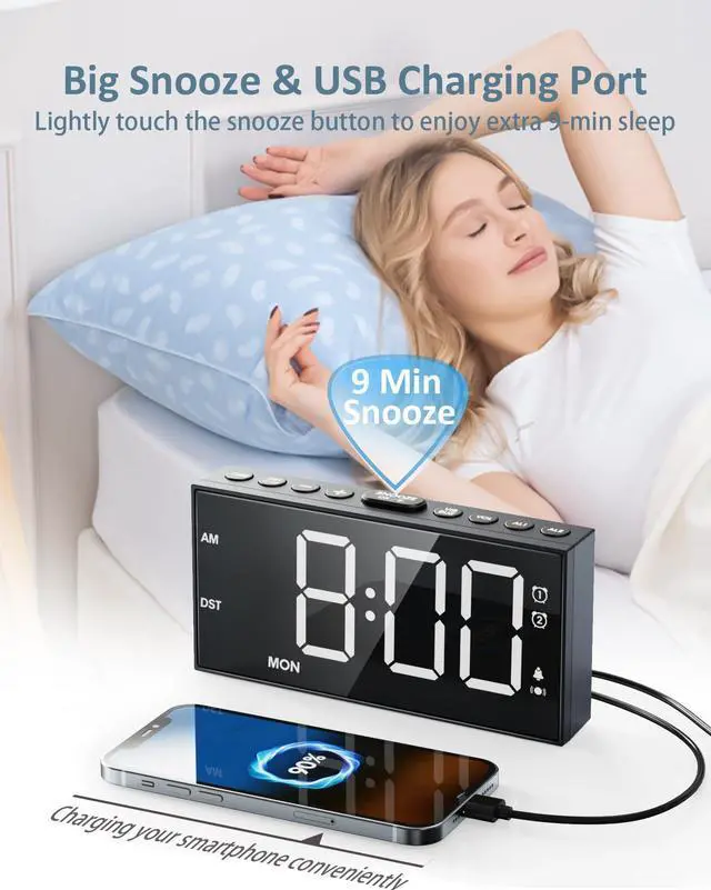 Alt view image 12 of 14 - Alarm Clock with Bed Shaker for Heavy Sleepers, 3-Level Vibration, Dual Alarms with Weekday & Weekend Mode, Large Digits, Dimmer, Snooze, USB Charger, Battery Backup