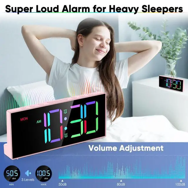 Alt view image 11 of 14 - Digital Alarm Clocks,Large Big Numbers Cute clocks for Bedrooms,college dormitories,Teens,Modern Décor Plug in Clock with USB Charger Port Adjustable 3-Levels volume,5 Dimmers,Battery Backup (Pink)