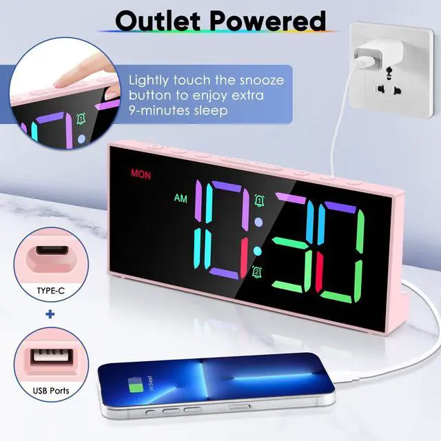 Alt view image 13 of 14 - Digital Alarm Clocks,Large Big Numbers Cute clocks for Bedrooms,college dormitories,Teens,Modern Décor Plug in Clock with USB Charger Port Adjustable 3-Levels volume,5 Dimmers,Battery Backup (Pink)