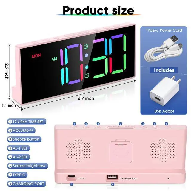Alt view image 14 of 14 - Digital Alarm Clocks,Large Big Numbers Cute clocks for Bedrooms,college dormitories,Teens,Modern Décor Plug in Clock with USB Charger Port Adjustable 3-Levels volume,5 Dimmers,Battery Backup (Pink)