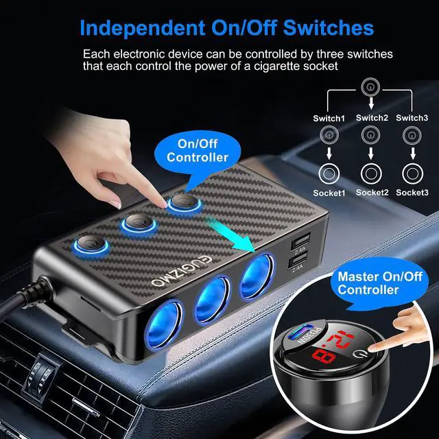 Alt view image 10 of 14 - Cigarette Lighter Plug Splitter Adapter, 222W Multi Port Power Plug Car Charger Adapter for Plug Outlet 12V 3 Socket Splitter Car Cigarette Lighter USB Charger with LED Independent Switches