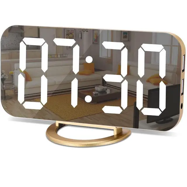Alt view image 8 of 14 - Digital Alarm Clock,LED and Mirror Desk Clock Large Display,with Dual USB Charger Ports,3 Levels Brightness,12/24H,Modern Electronic Clock for Bedroom Home Living Room Office - Gold