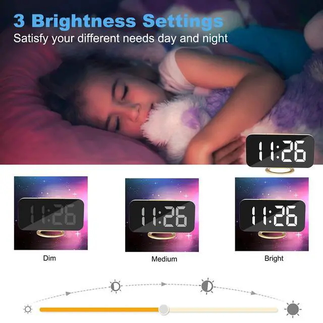Alt view image 10 of 14 - Digital Alarm Clock,LED and Mirror Desk Clock Large Display,with Dual USB Charger Ports,3 Levels Brightness,12/24H,Modern Electronic Clock for Bedroom Home Living Room Office - Gold