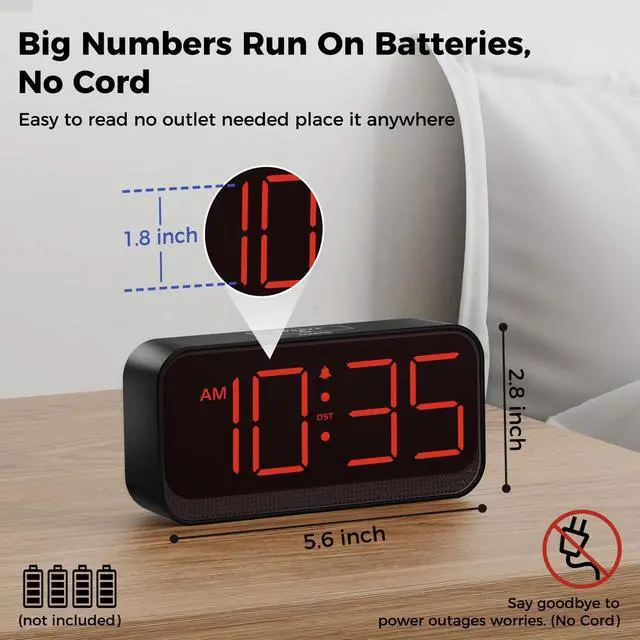 Alt view image 9 of 14 - Battery Operated Digital Clock: Cordless Small Alarm Clock for Bedroom Travel - Large Numbers 4 Dimmers for All Ages Red Digits
