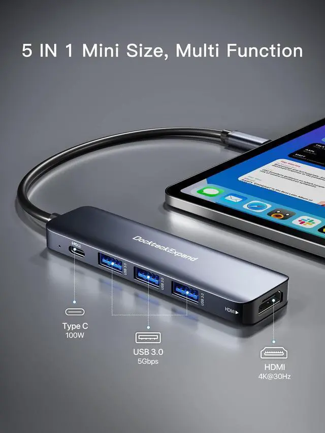 Alt view image 8 of 12 - USB C HUB, USB-C Multiport Adapter 5 in 1 with 4K HDMI, 100W Power Delivery, 3 USB 3.0 Data Ports for MacBook Pro/Air, iPad Pro/Air/Mini 6 and More