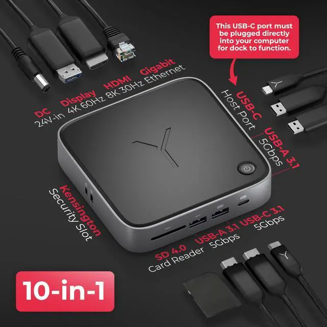 Alt view image 9 of 14 - Stone CORE Powered Charging Docking Station 10 Ports, 100W PD, Dual Monitor Docking Station, 4K60Hz, 8K HDMI, SD 4.0, USB-A & USB-C, Ethernet Windows & MacOS Compatible Laptop