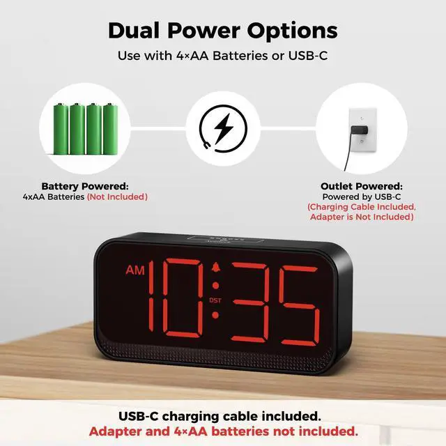 Alt view image 10 of 14 - Battery Operated Digital Clock: Cordless Small Alarm Clock for Bedroom Travel - Large Numbers 4 Dimmers for All Ages Red Digits