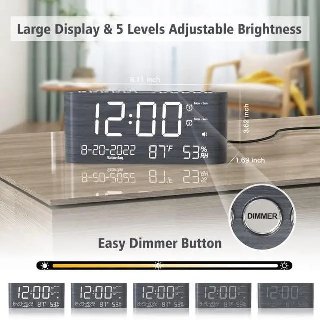 Alt view image 10 of 14 - Digital Alarm Clock, with Calendar Temperature and Humidity, Loud Volume, Dual Alarm, USB and Type-C Charging Ports, Dimmer, 12/24H, Snooze, Stylish Wood Grain Pattern Digital Clock for Décor