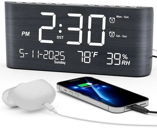 Alt view image 8 of 14 - Digital Alarm Clock, with Calendar Temperature and Humidity, Loud Volume, Dual Alarm, USB and Type-C Charging Ports, Dimmer, 12/24H, Snooze, Stylish Wood Grain Pattern Digital Clock for Décor