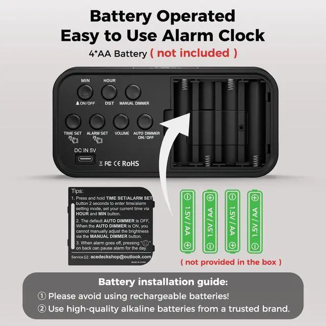 Alt view image 11 of 14 - Battery Operated Digital Clock: Cordless Small Alarm Clock for Bedroom Travel - Large Numbers 4 Dimmers for All Ages Red Digits